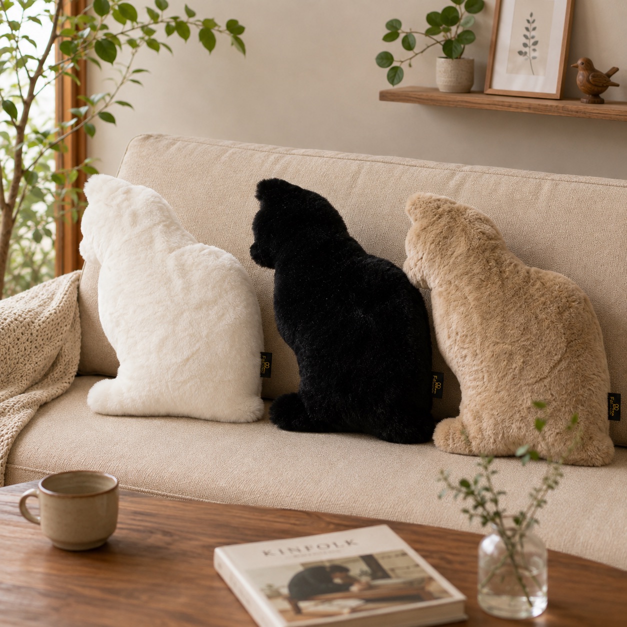 Fluffy cat-shaped cushions in three colors