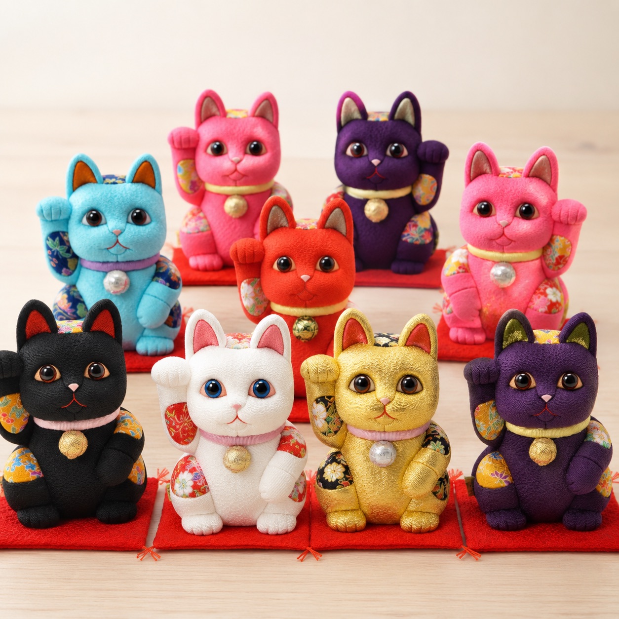 Colorful Japanese lucky cat figures