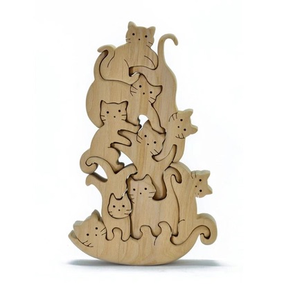 Nine-piece Japanese wooden cat stacking puzzle